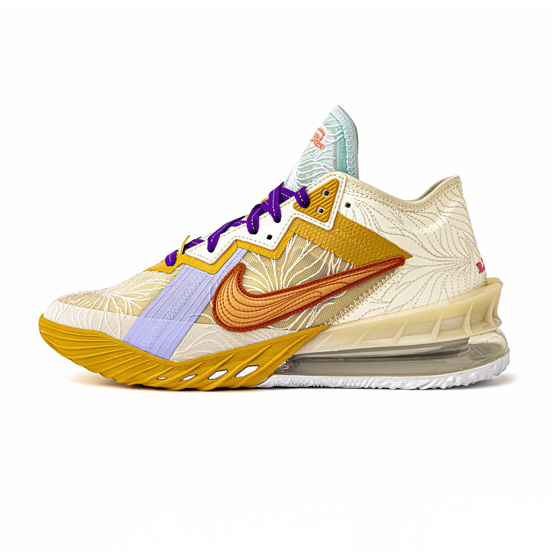 Multicolored sneaker with a prominent stitched brand logo on a white background
