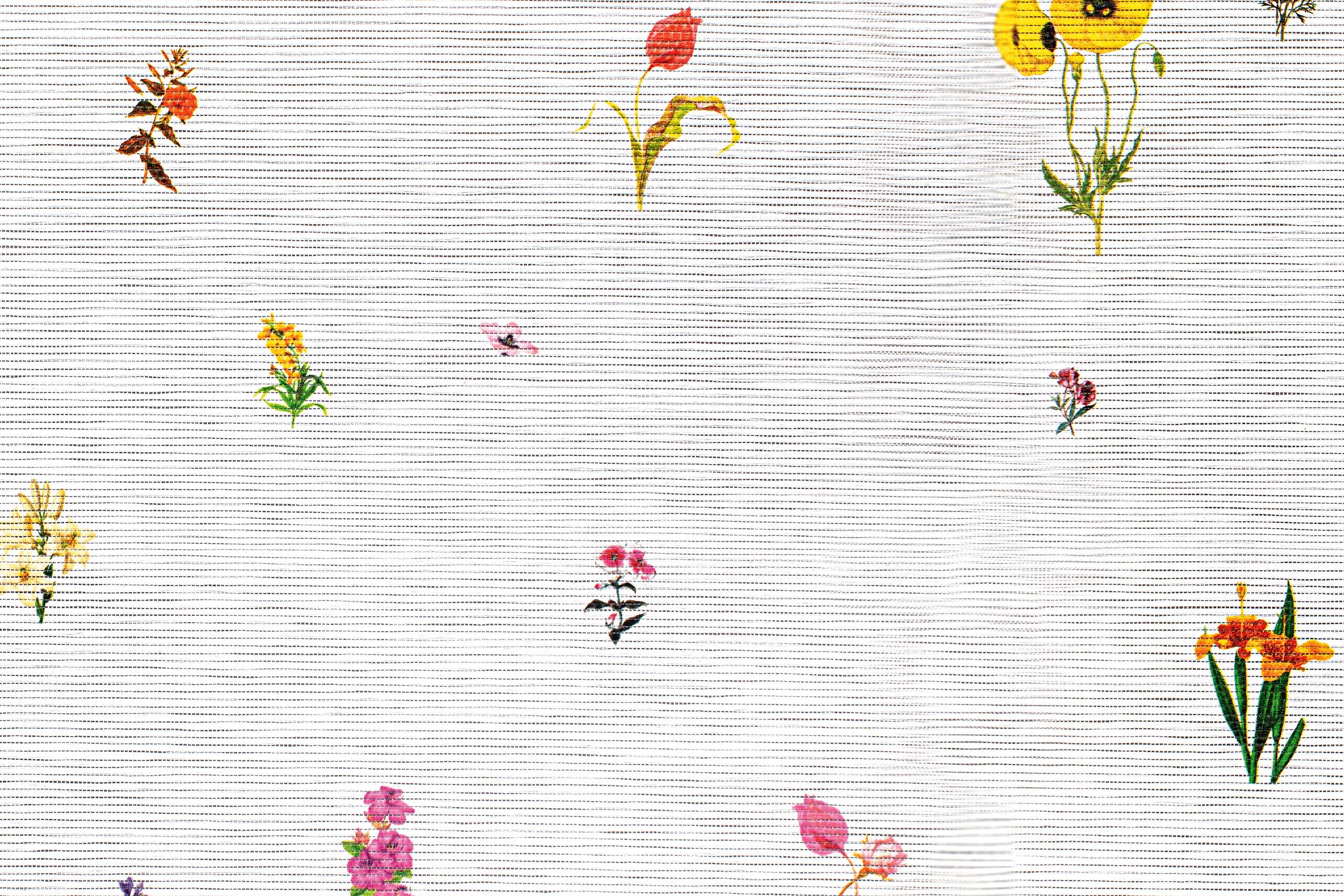 Pattern of small colorful victorian flowers on a white background with thin grassweave textured lines.