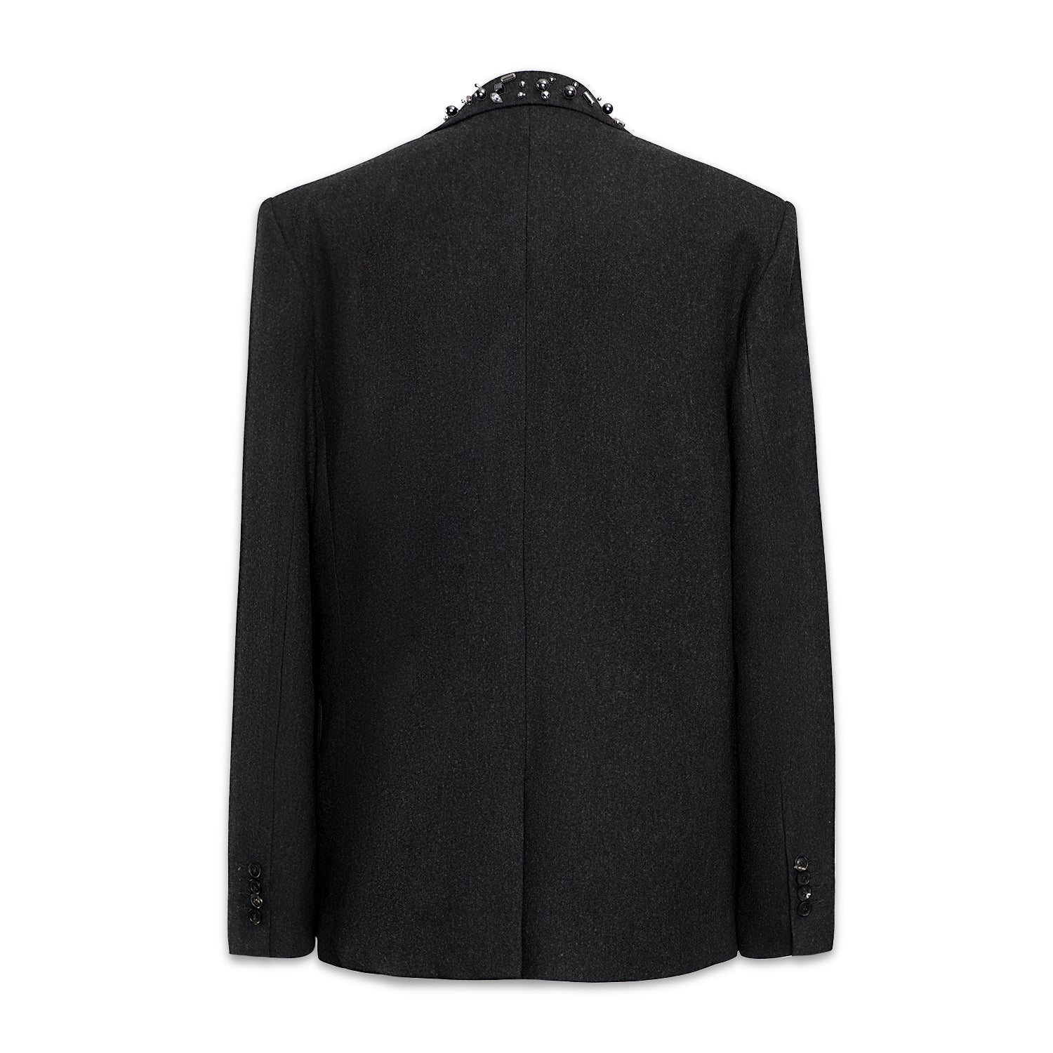 BackView of Mimi Plange Grey Suit Boyfriend oversize blazer with metal studs and applique