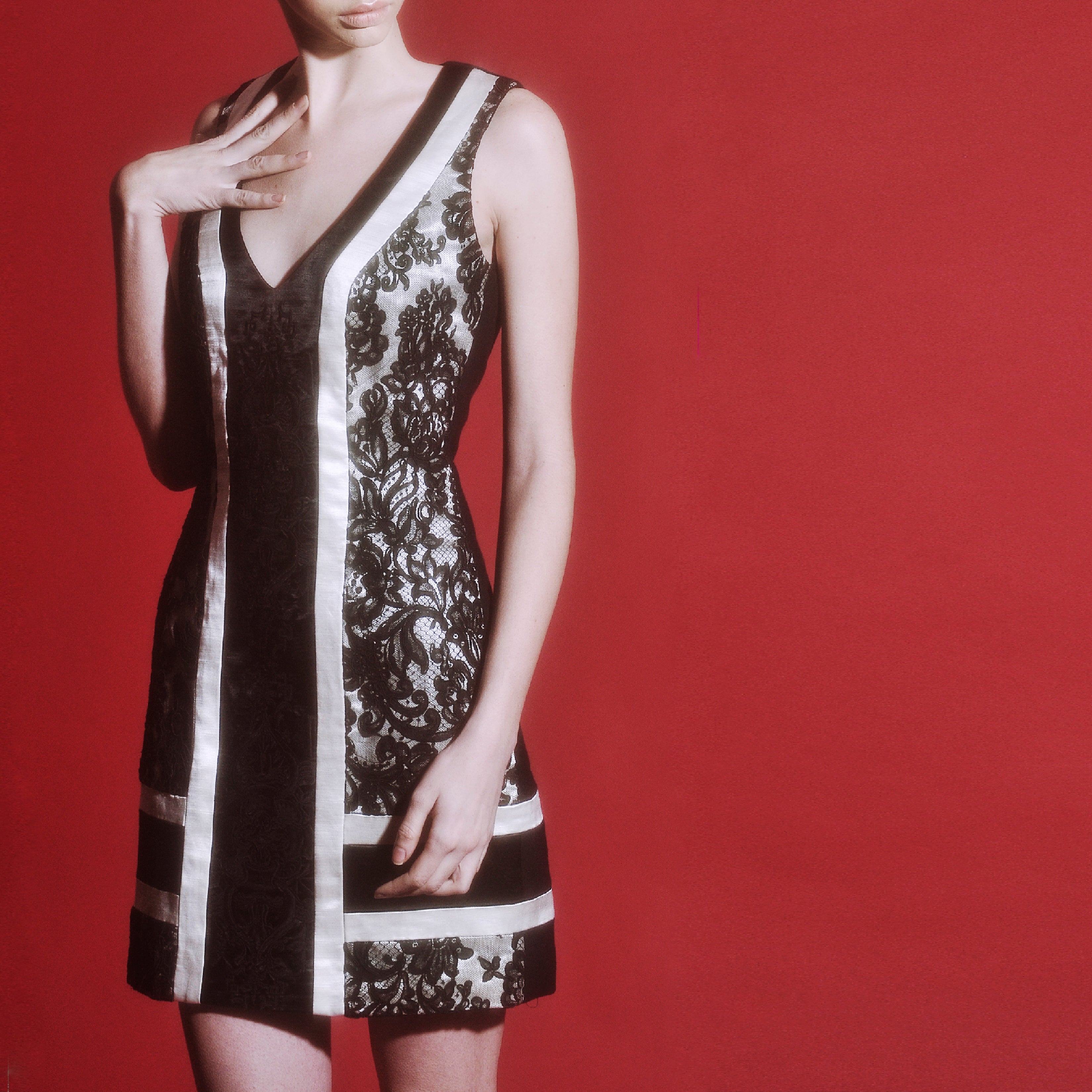 Brenda, Mini Black and Ivory Combo Lace Dress - Mimi Plange