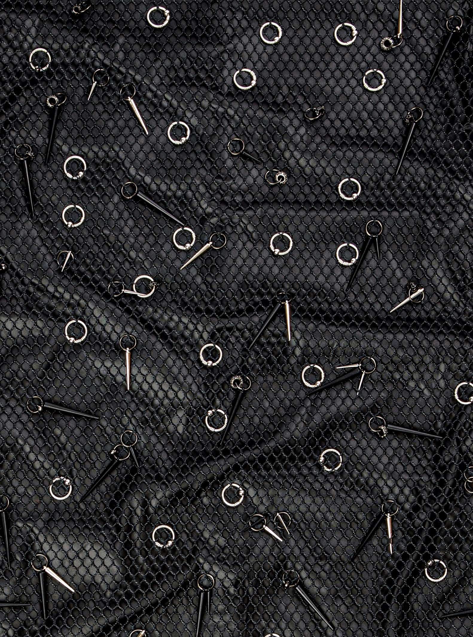 Gothic Pierced Mesh Maxi Tee Dress With Spikes & Rings - Mimi Plange